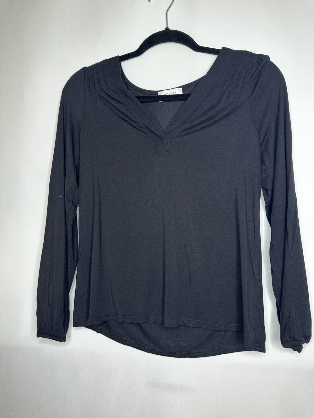 Women's Black Long-Sleeve V-Neck Top with Pleated Shoulder Detail